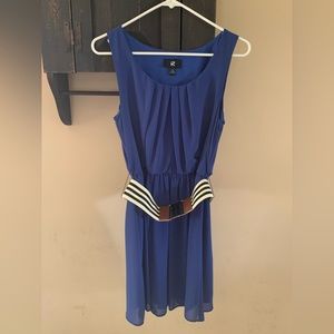 Dark Blue dress with a black and white belt.